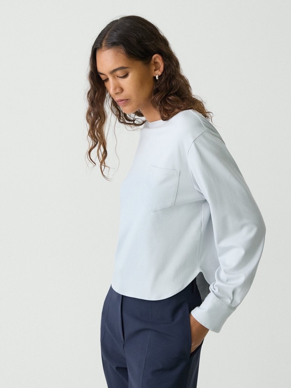 Theory Clinton Ice Pearl Blue Boat Neck Cotton Jersey Pocket Top Sz Small